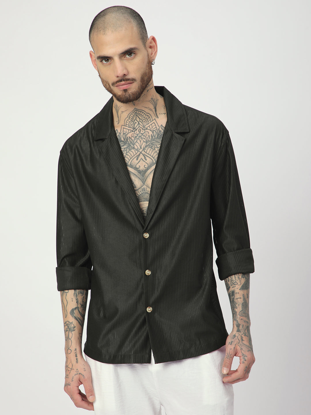 Pine Green Ribbed Oversized Notched Lapel Collar Shirt