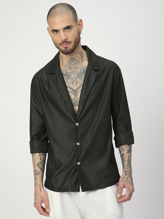 Pine Green Ribbed Oversized Notched Lapel Collar Shirt
