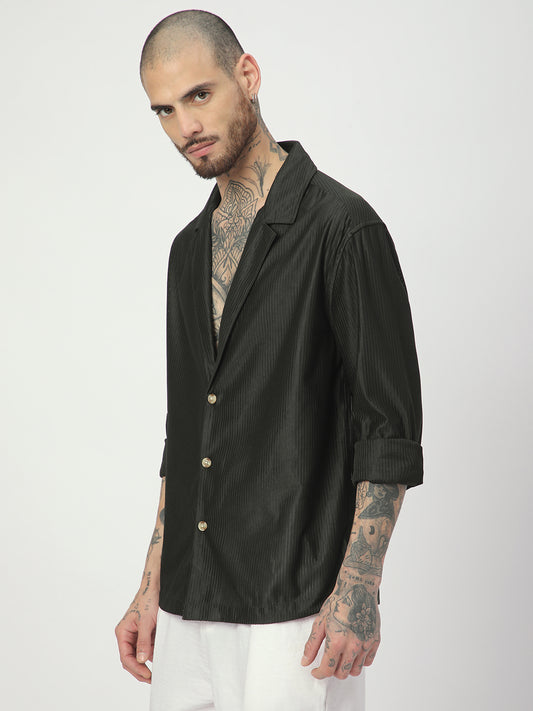 Pine Green Ribbed Oversized Notched Lapel Collar Shirt