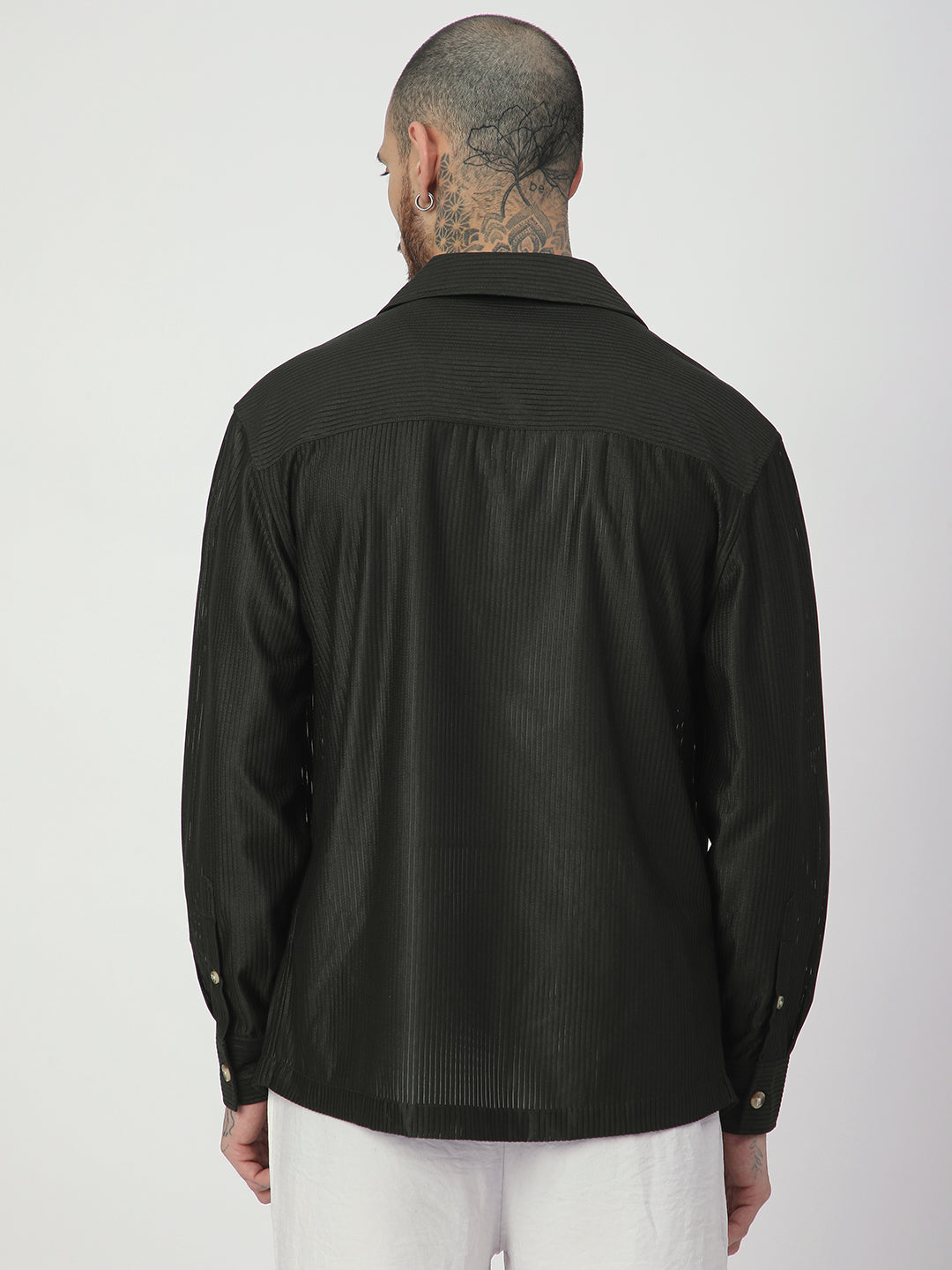 Pine Green Ribbed Oversized Notched Lapel Collar Shirt