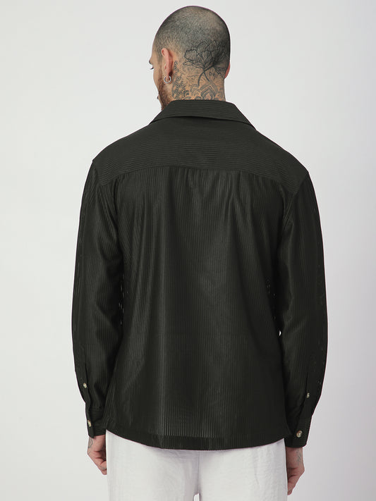Pine Green Ribbed Oversized Notched Lapel Collar Shirt