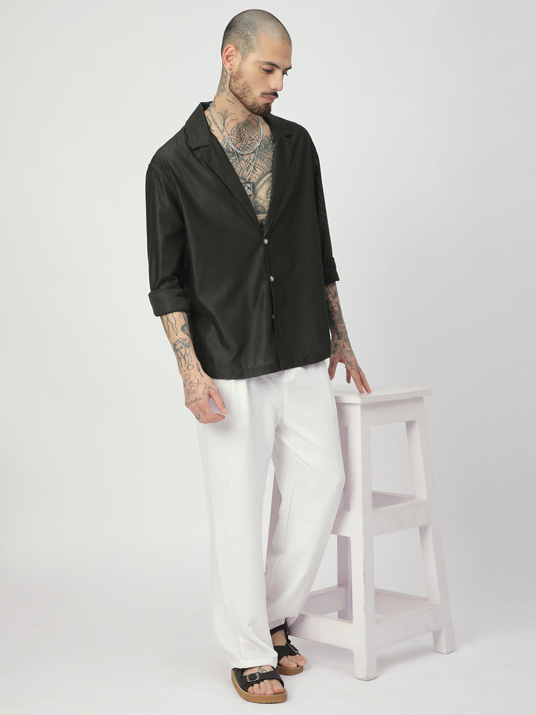 Pine Green Ribbed Oversized Notched Lapel Collar Shirt
