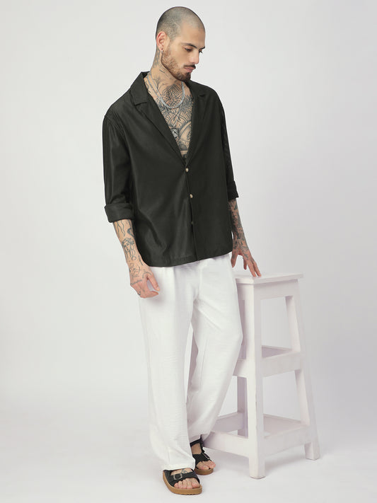Pine Green Ribbed Oversized Notched Lapel Collar Shirt