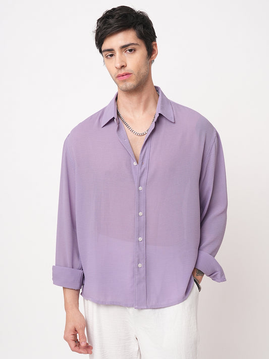 Heather Purple Crinkled Boxy Fit Crop Shirt