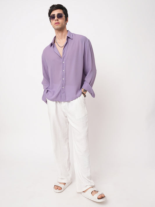 Heather Purple Crinkled Boxy Fit Crop Shirt