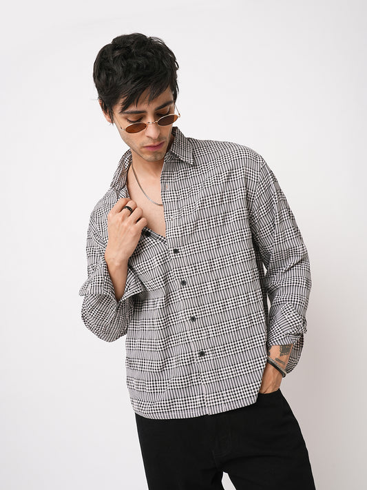 Black Seersucker Checks Boxy Fit Crop Shirt