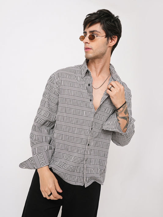 Black Seersucker Checks Boxy Fit Crop Shirt