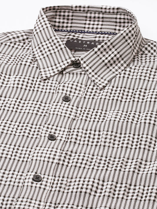 Black Seersucker Checks Boxy Fit Crop Shirt