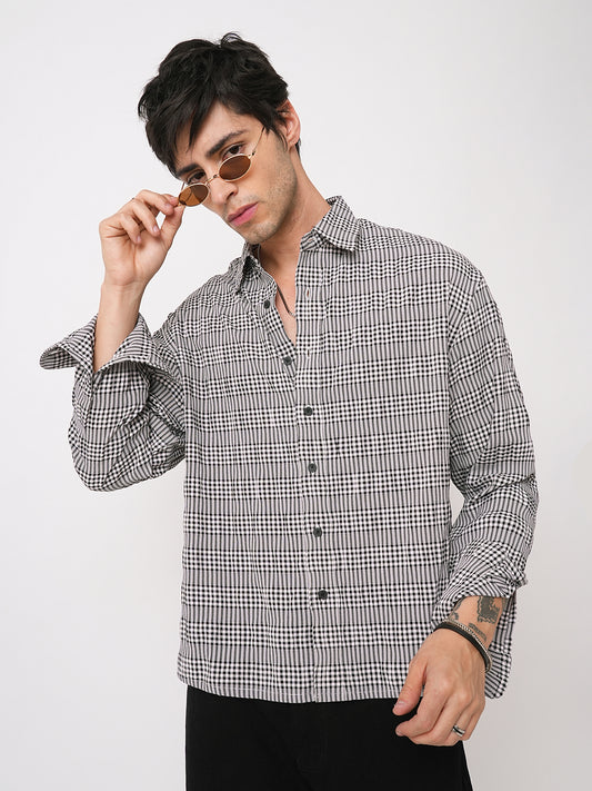 Black Seersucker Checks Boxy Fit Crop Shirt