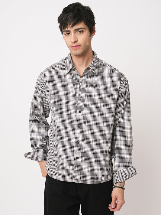 Black Seersucker Checks Boxy Fit Crop Shirt
