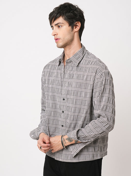 Black Seersucker Checks Boxy Fit Crop Shirt