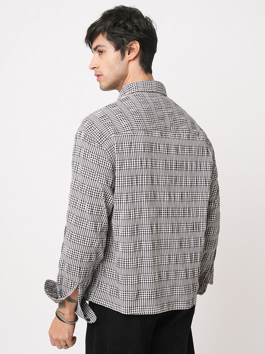 Black Seersucker Checks Boxy Fit Crop Shirt