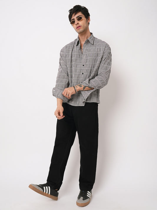 Black Seersucker Checks Boxy Fit Crop Shirt