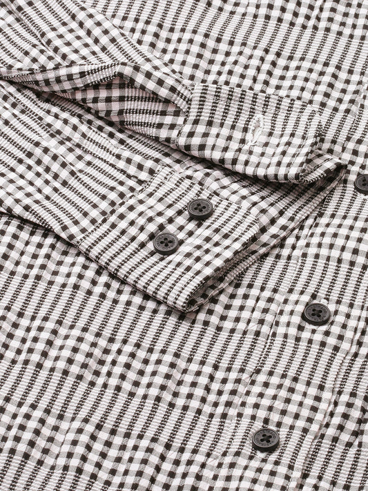 Black Seersucker Checks Boxy Fit Crop Shirt