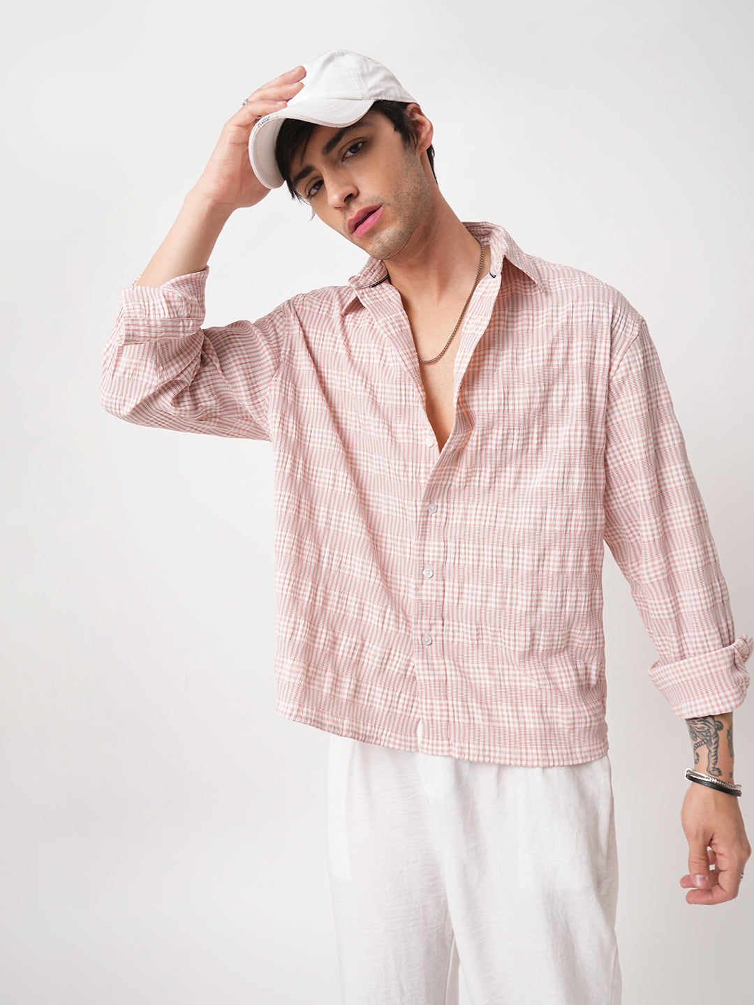 Peachy Pink Seersucker Checks Boxy Fit Crop Shirt