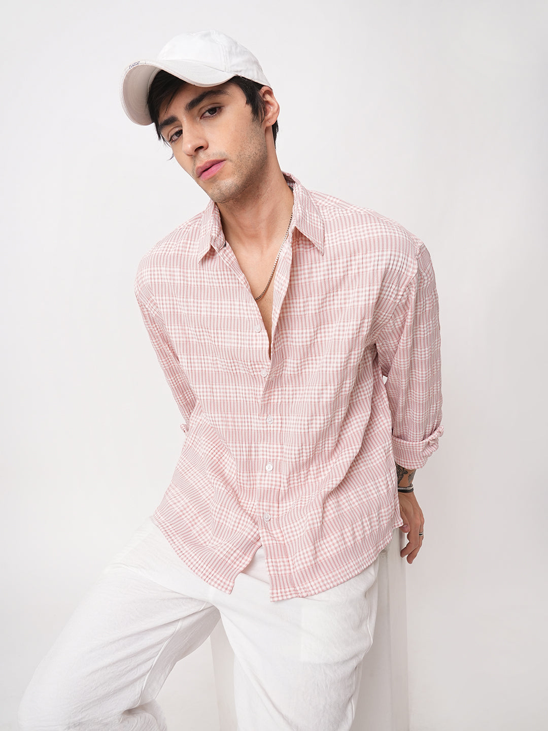 Peachy Pink Seersucker Checks Boxy Fit Crop Shirt