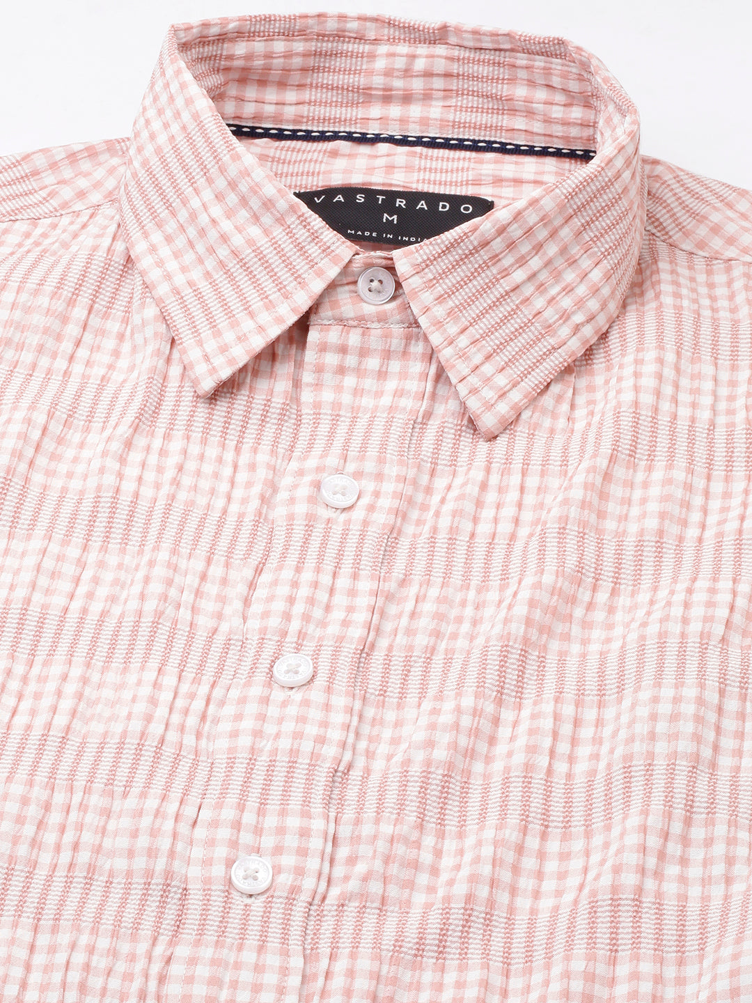 Peachy Pink Seersucker Checks Boxy Fit Crop Shirt