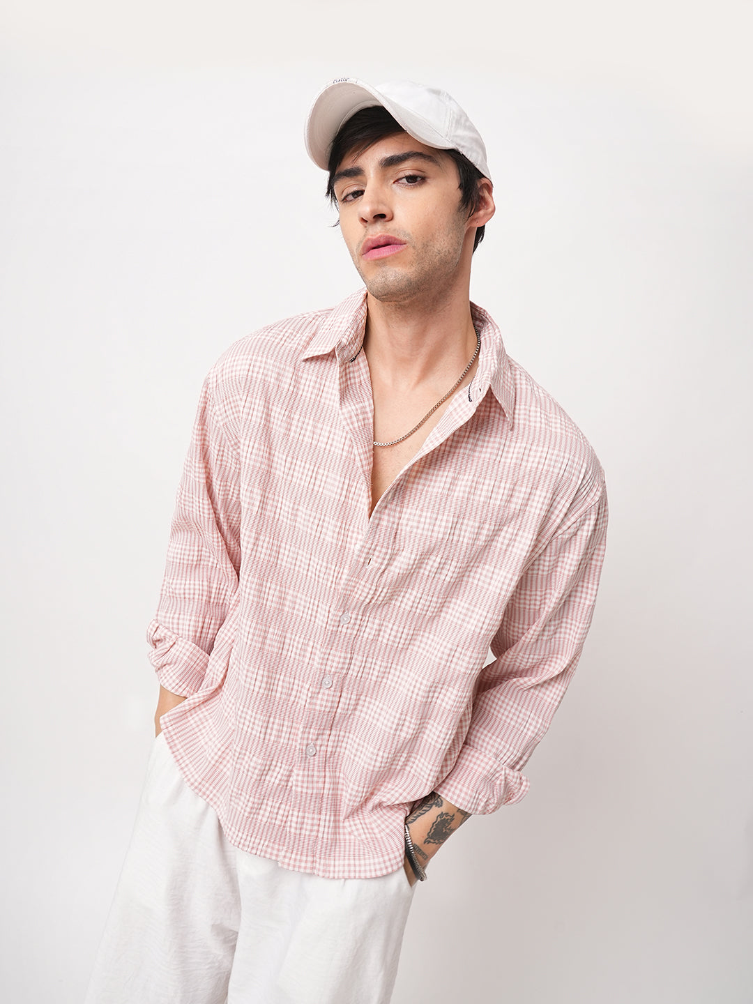 Peachy Pink Seersucker Checks Boxy Fit Crop Shirt