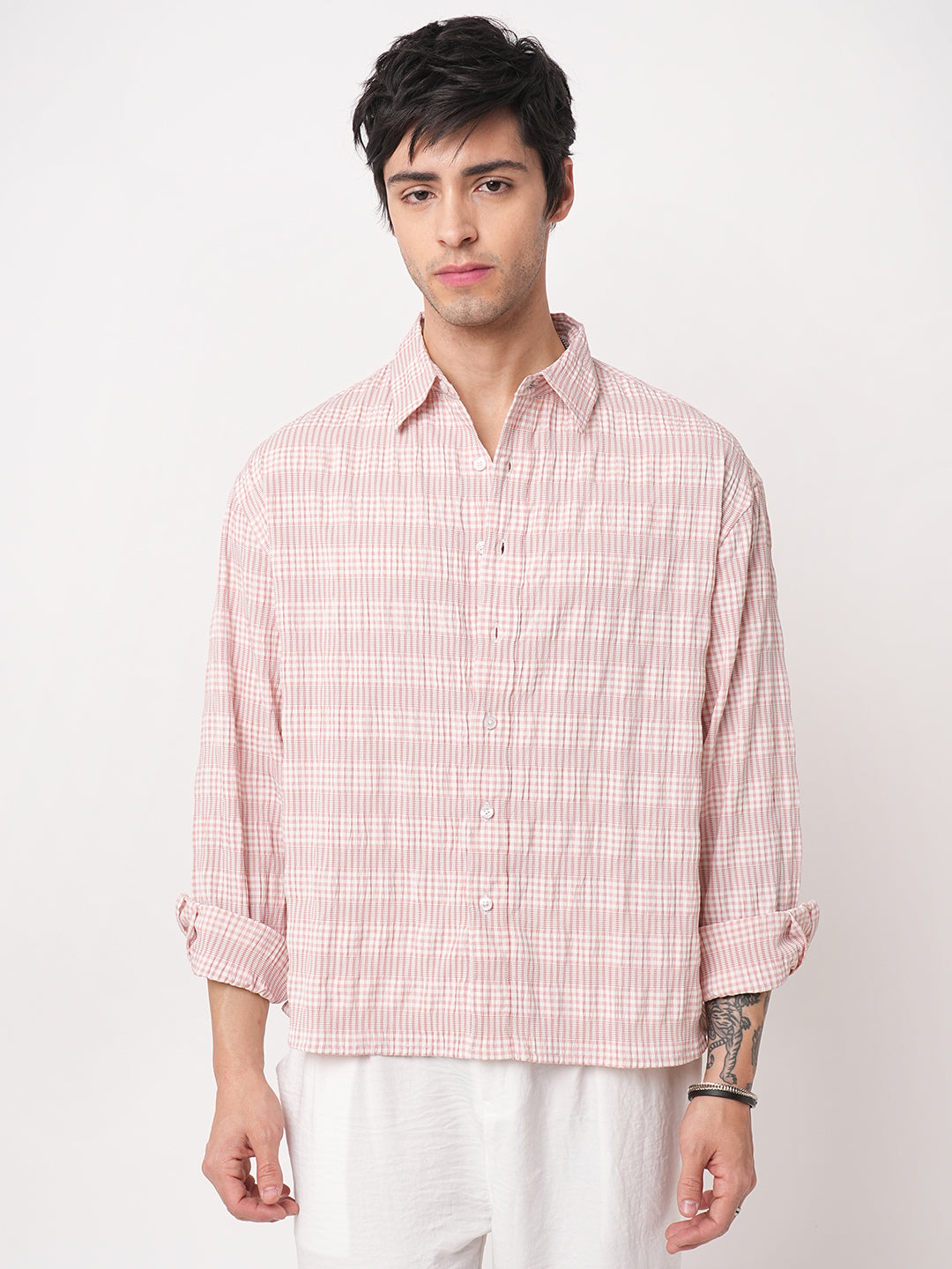 Peachy Pink Seersucker Checks Boxy Fit Crop Shirt