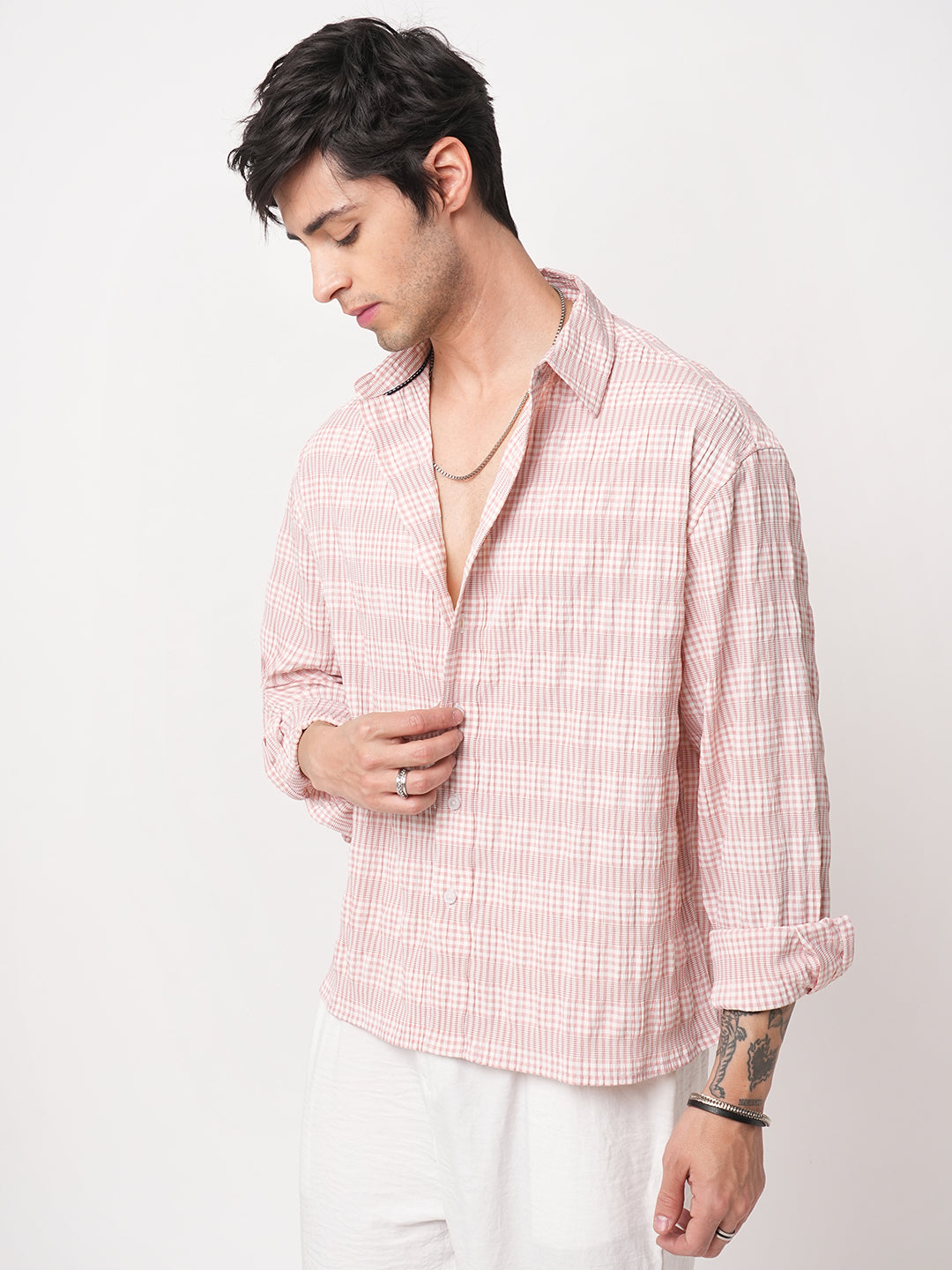 Peachy Pink Seersucker Checks Boxy Fit Crop Shirt