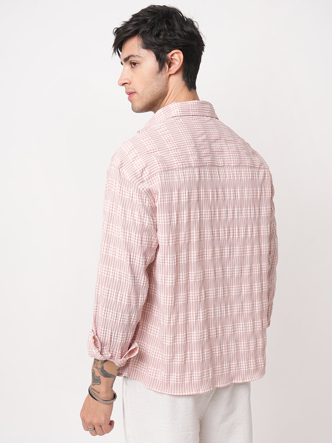Peachy Pink Seersucker Checks Boxy Fit Crop Shirt