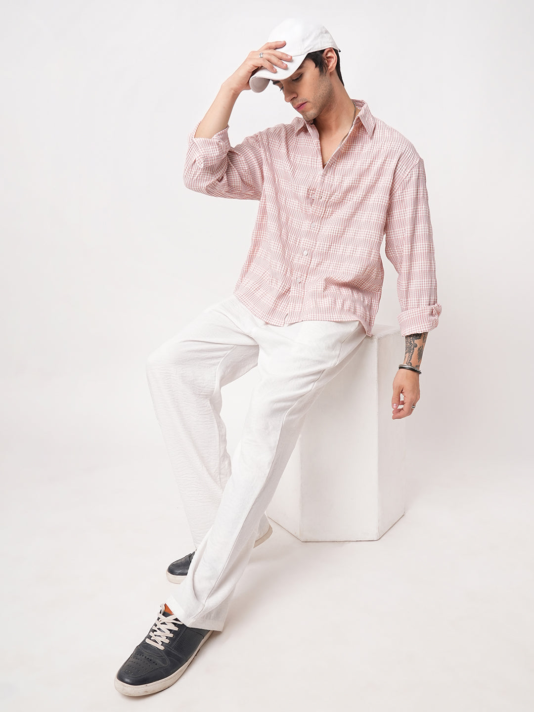Peachy Pink Seersucker Checks Boxy Fit Crop Shirt
