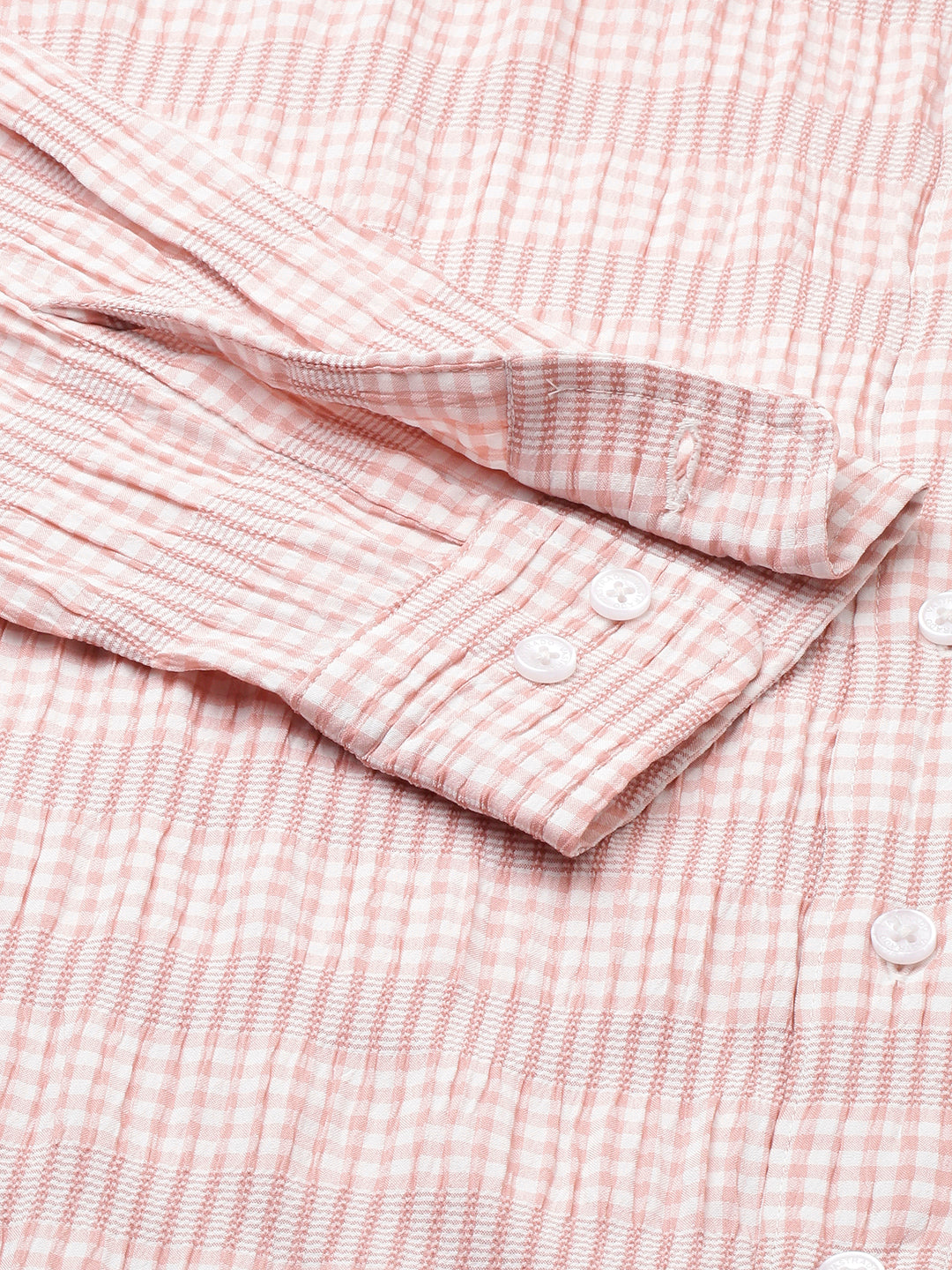 Peachy Pink Seersucker Checks Boxy Fit Crop Shirt