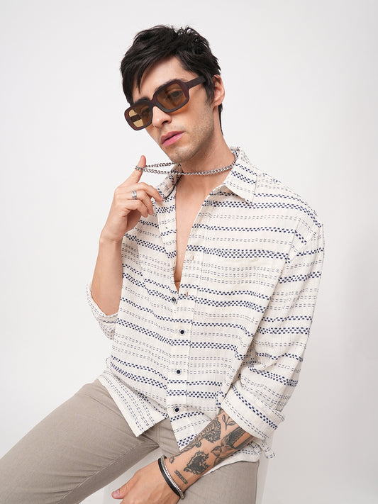 Refined Blue Horizontal Stripe Embroidered Oversized Crop Shirt