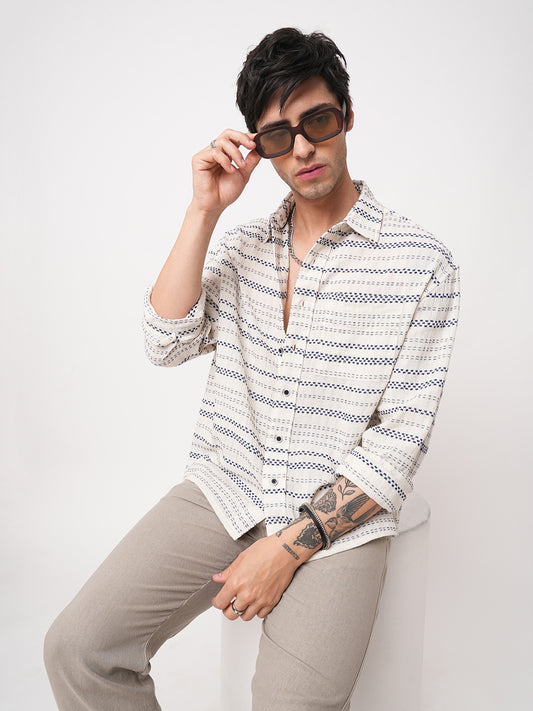 Refined Blue Horizontal Stripe Embroidered Oversized Crop Shirt