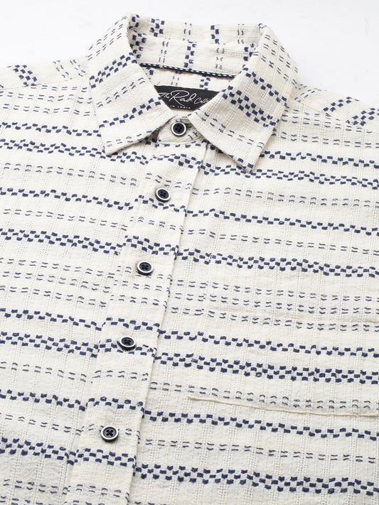 Refined Blue Horizontal Stripe Embroidered Oversized Crop Shirt