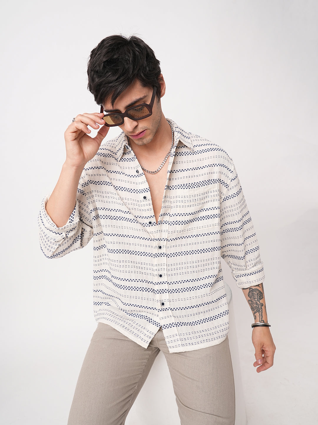 Refined Blue Horizontal Stripe Embroidered Oversized Crop Shirt