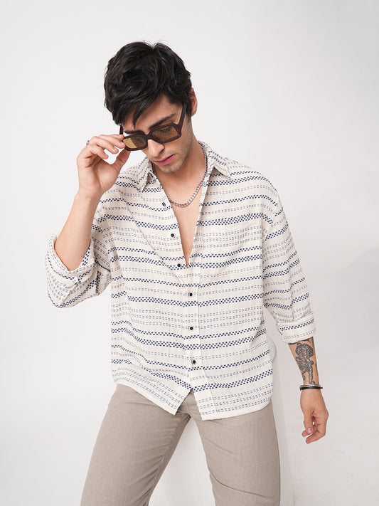 Refined Blue Horizontal Stripe Embroidered Oversized Crop Shirt
