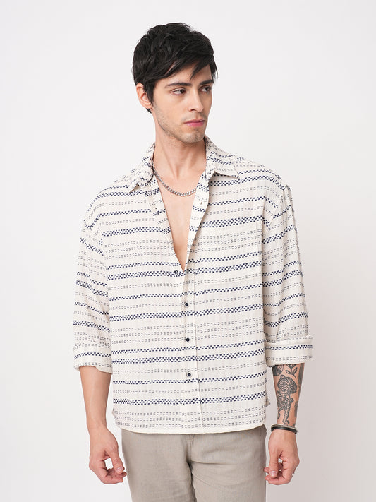 Refined Blue Horizontal Stripe Embroidered Oversized Crop Shirt