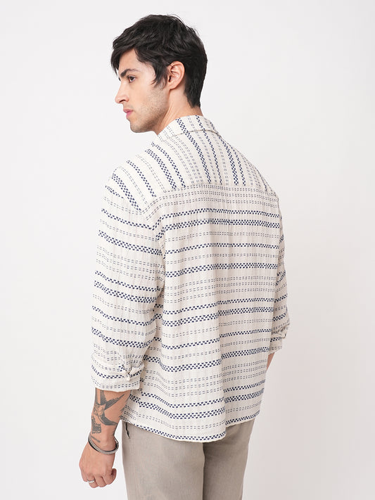 Refined Blue Horizontal Stripe Embroidered Oversized Crop Shirt