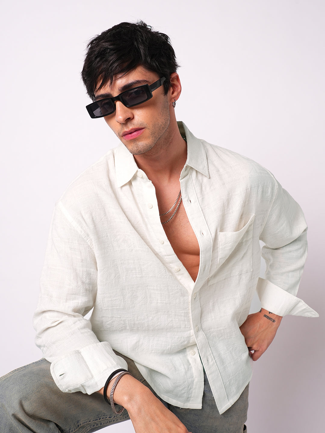 Ivory Jacquard Boxy Fit Crop Shirt