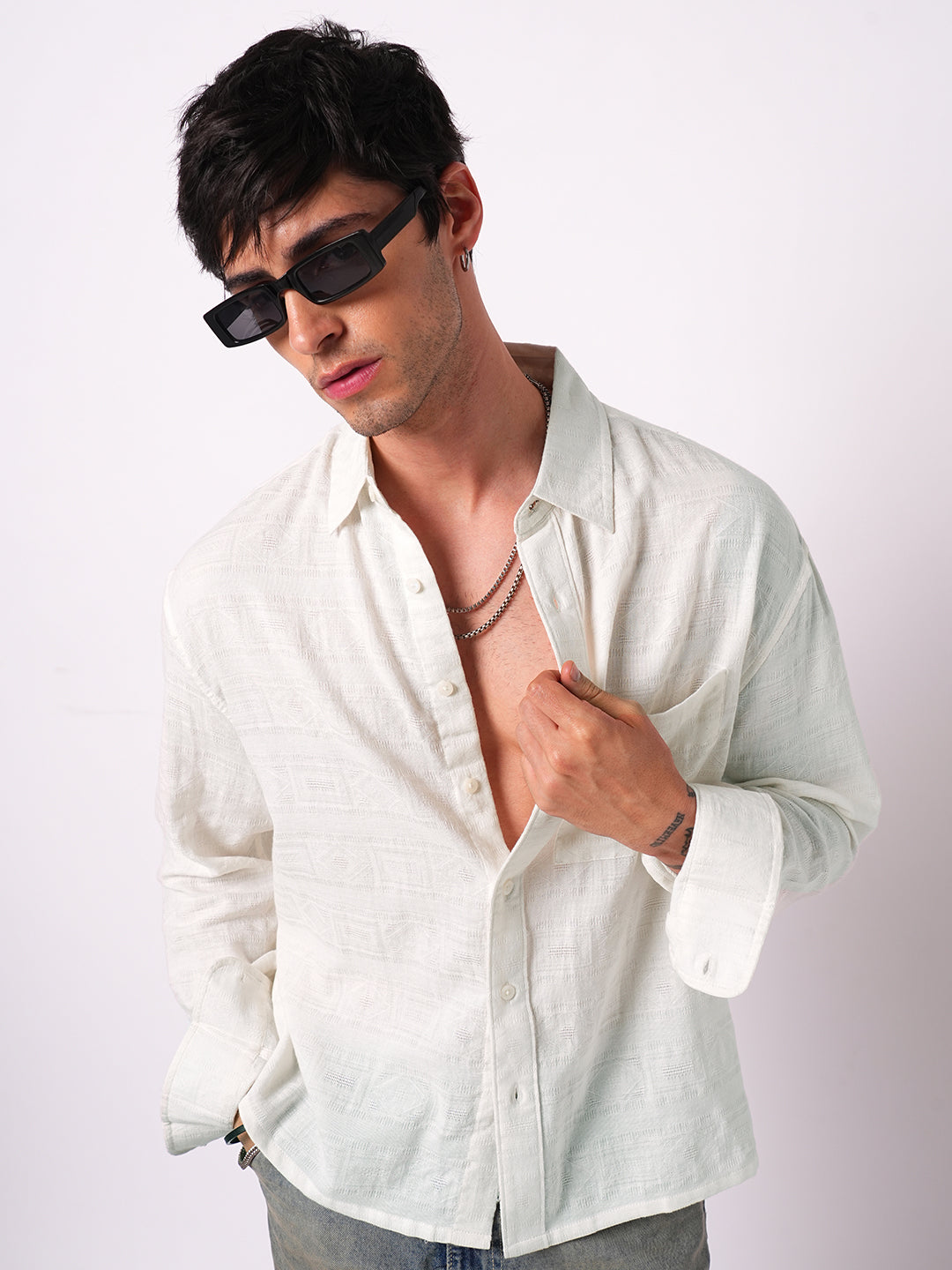 Ivory Jacquard Boxy Fit Crop Shirt