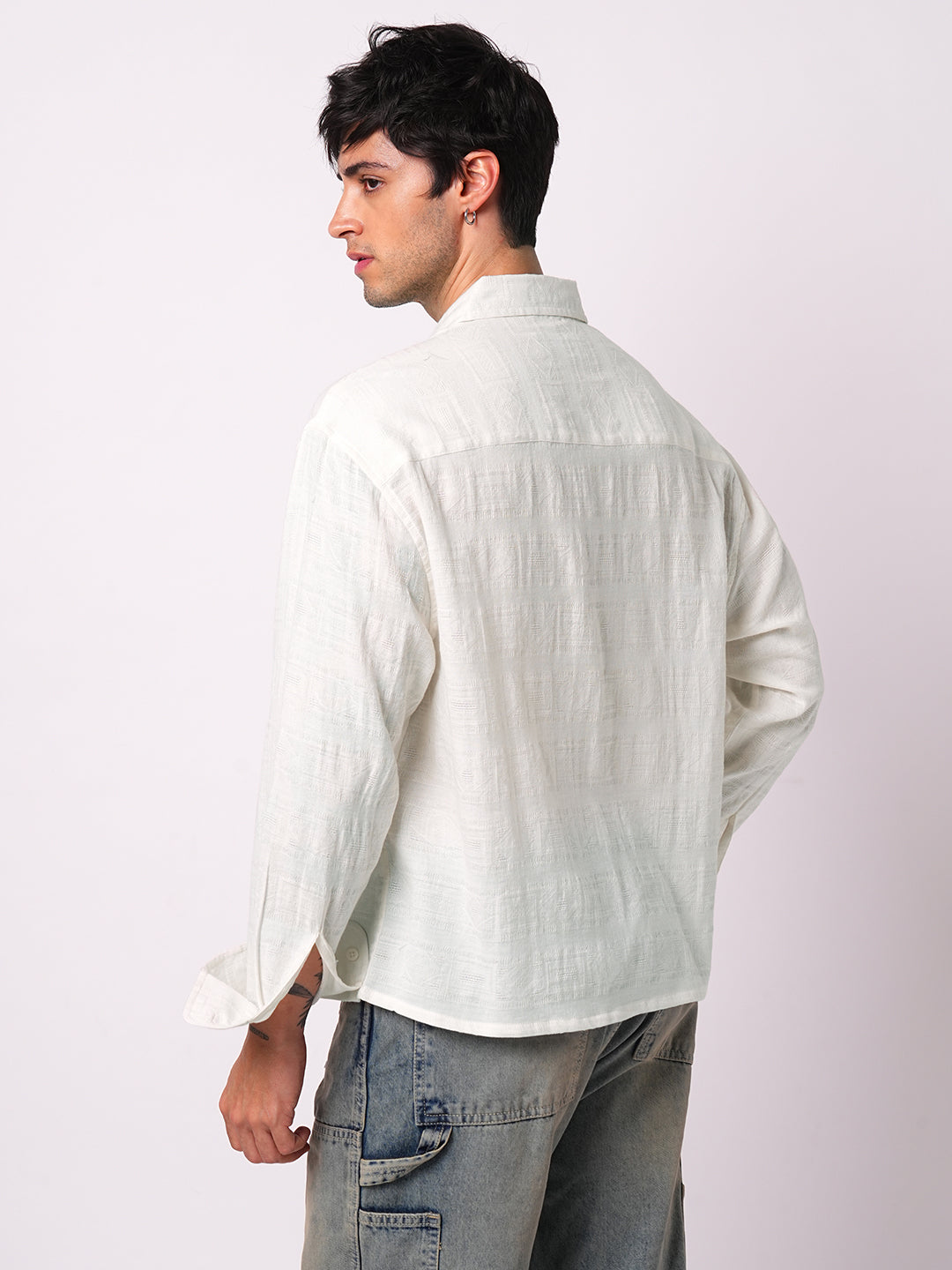 Ivory Jacquard Boxy Fit Crop Shirt