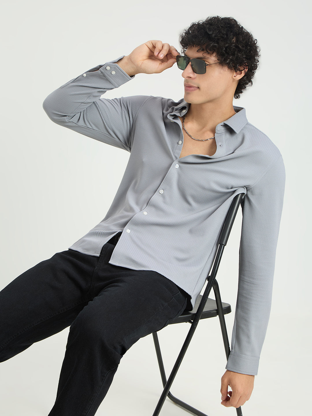 Spiffy Cloud Grey Jacquard Knitted Shirt