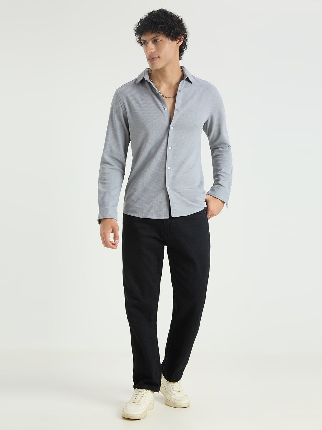 Spiffy Cloud Grey Jacquard Knitted Shirt