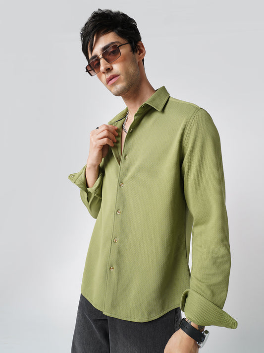 Refined Pear Green Textured Knitted Shirt