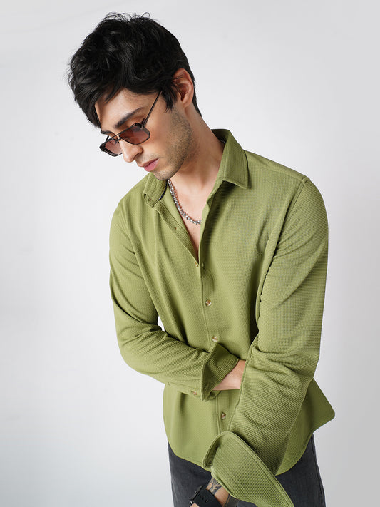 Refined Pear Green Textured Knitted Shirt