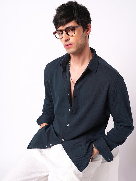 Enticing Winter Blue Waffle Knitted Shirt