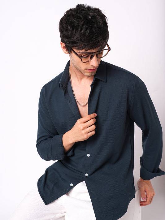 Enticing Winter Blue Waffle Knitted Shirt