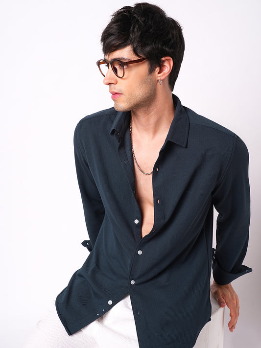 Enticing Winter Blue Waffle Knitted Shirt