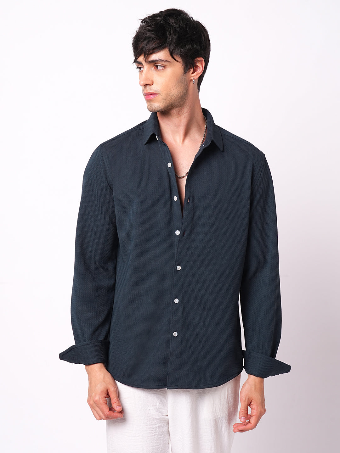 Enticing Winter Blue Waffle Knitted Shirt