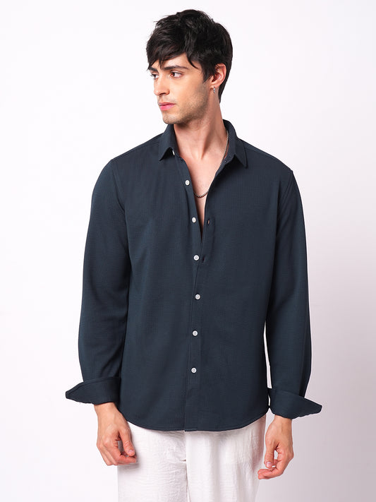 Enticing Winter Blue Waffle Knitted Shirt
