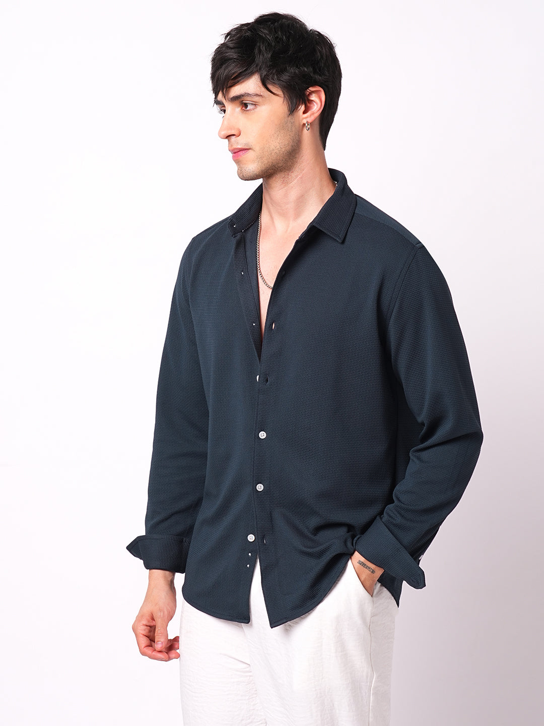 Enticing Winter Blue Waffle Knitted Shirt