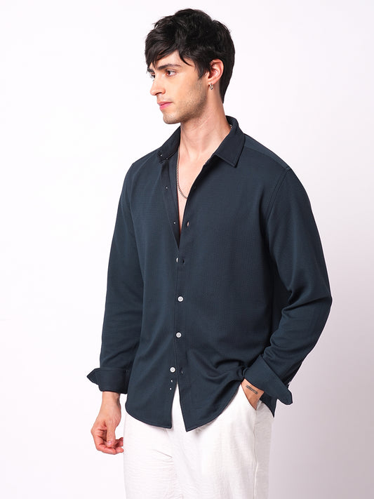 Enticing Winter Blue Waffle Knitted Shirt
