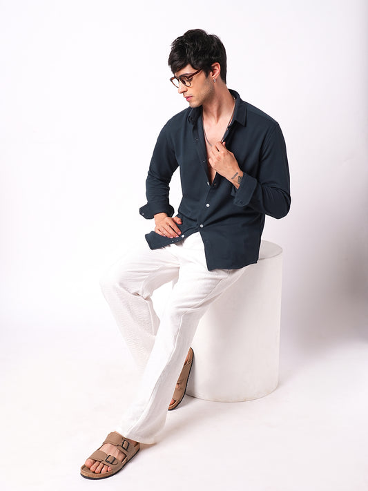 Enticing Winter Blue Waffle Knitted Shirt