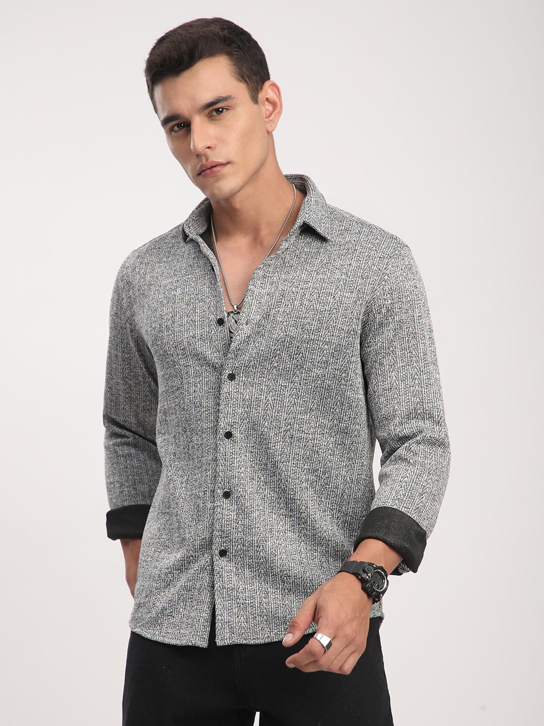 Black & White Textured Knitted Shirt